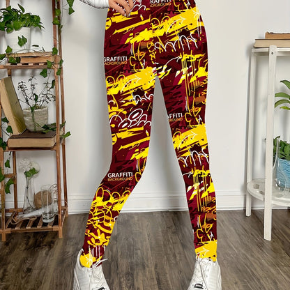 gbolsosGraffiti Print Skinny Leggings, Casual Every Day Stretchy Leggings, Women's Clothing