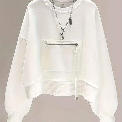 Zip Pocket Drop Shoulder Sweatshirt, Casual Long Sleeve Crew Neck Sweatshirt For Fall & Winter, Women's Clothing