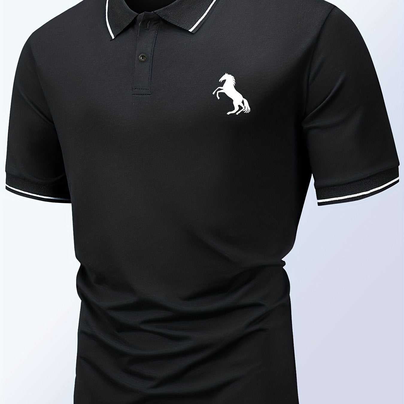 Horse Pattern Casual Slightly Stretch Button Front Short Sleeve Polo Shirt, Men's Clothes For Summer