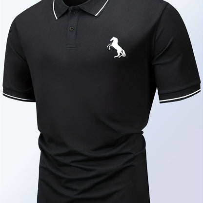 Horse Pattern Casual Slightly Stretch Button Front Short Sleeve Polo Shirt, Men's Clothes For Summer