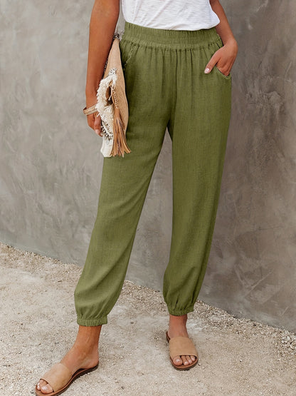 gbolsos  Solid Ruched Pants, Casual Elastic High Waist Cropped Pants With Pockets, Women's Clothing