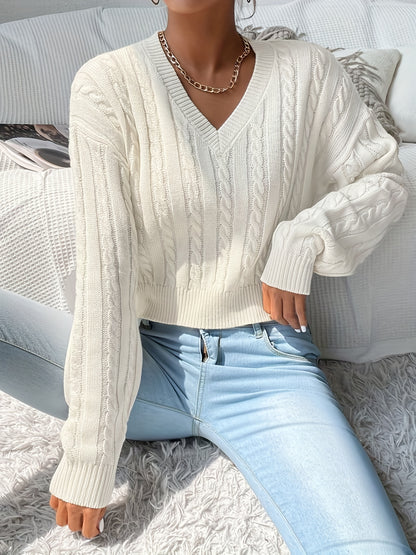 2025 gbolsos  Solid V-neck Cable Knit Sweater, Versatile Simple Long Sleeve Crop Knitted Top, Women's Clothing