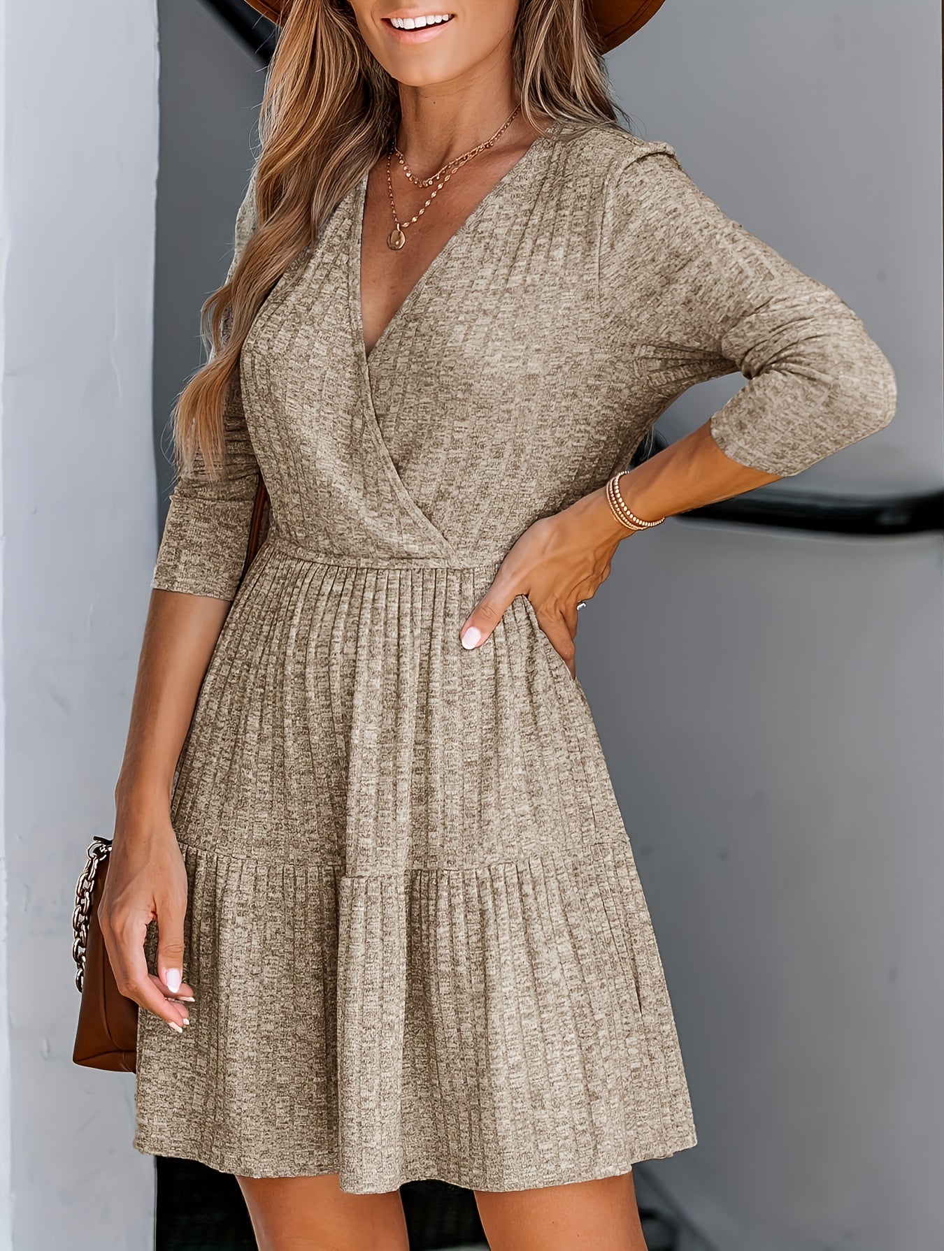 gbolsos  Surplice Neck Solid Dress, Casual Long Sleeve Ruched Mini Dress, Women's Clothing
