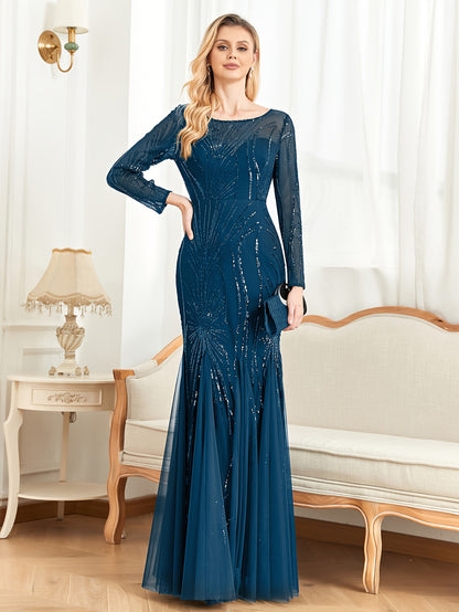 gbolsos  Sequined Ruffle Mesh Splicing Dress, Elegant Long Sleeve Crew Neck Mermaid Hem Dress For For Party & Banquet, Women's Clothing