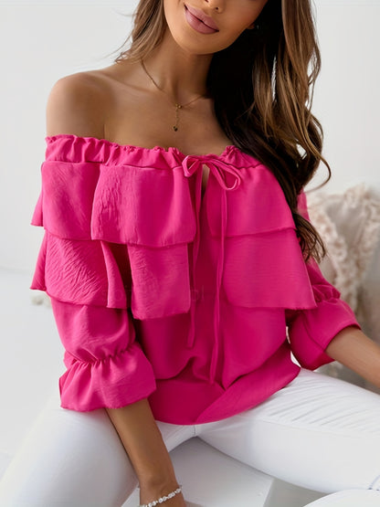 gbolsos  Ruffle Trim Layered Blouse, Sexy Off Shoulder Solid Blouse, Women's Clothing