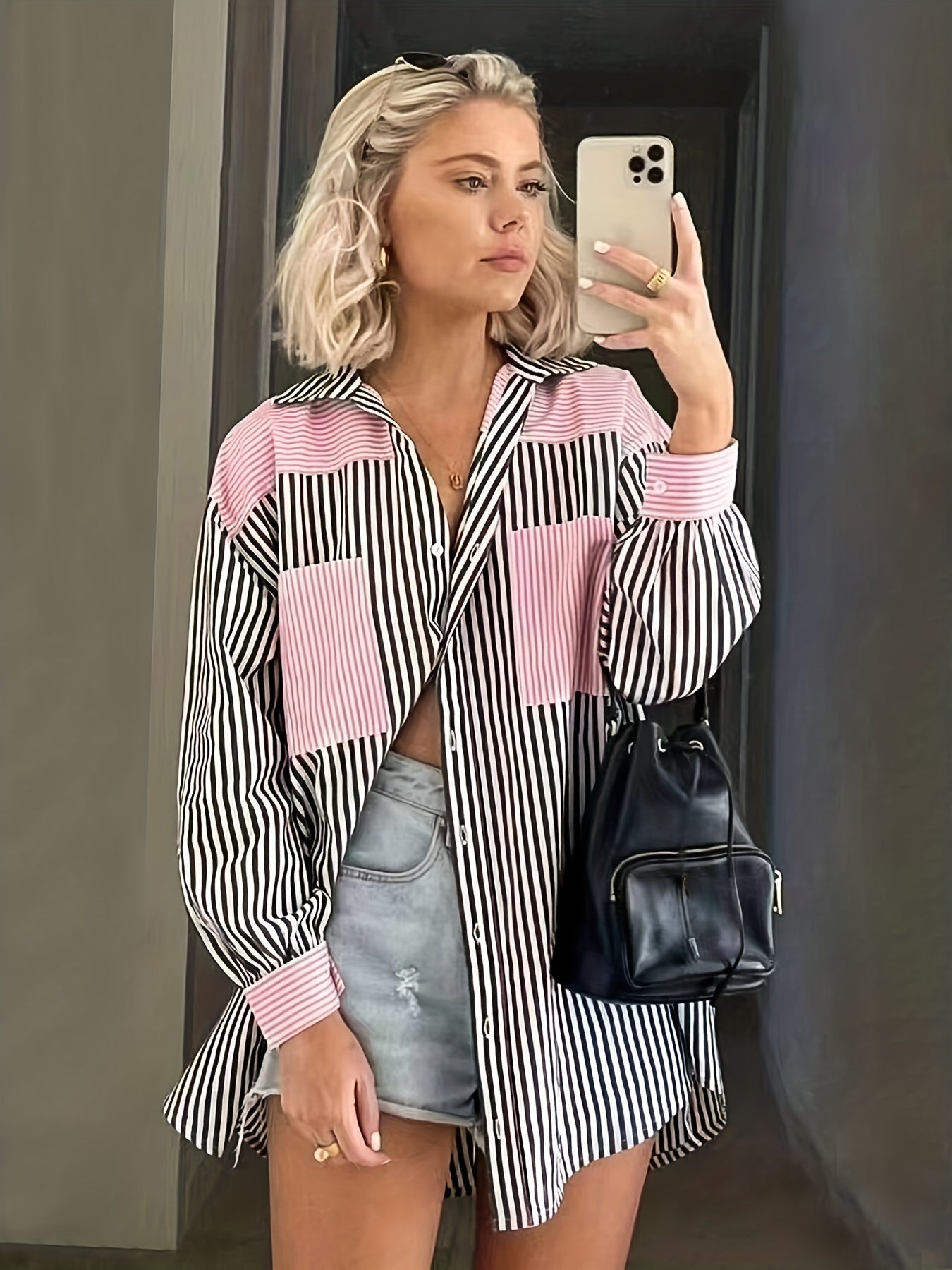 gbolsos  Colorblock Striped Polo Collar Button Shirt, Casual Pocket Long Sleeve Shirt For Spring & Fall, Women's Clothing