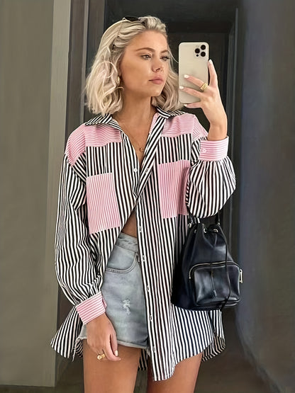 gbolsos  Colorblock Striped Polo Collar Button Shirt, Casual Pocket Long Sleeve Shirt For Spring & Fall, Women's Clothing