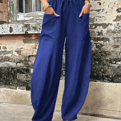 gbolsos  Boho Solid Elastic Waist Harem Pants, Casual Long Length Baggy Pants With Pockets For Spring & Summer, Women's Clothing