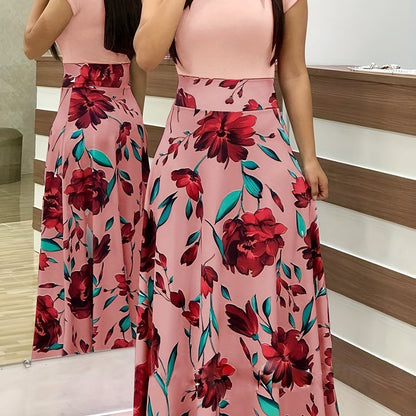 gbolsos  Floral Print Splicing Dress, Elegant Crew Neck Short Sleeve Pleated Maxi Dress, Women's Clothing