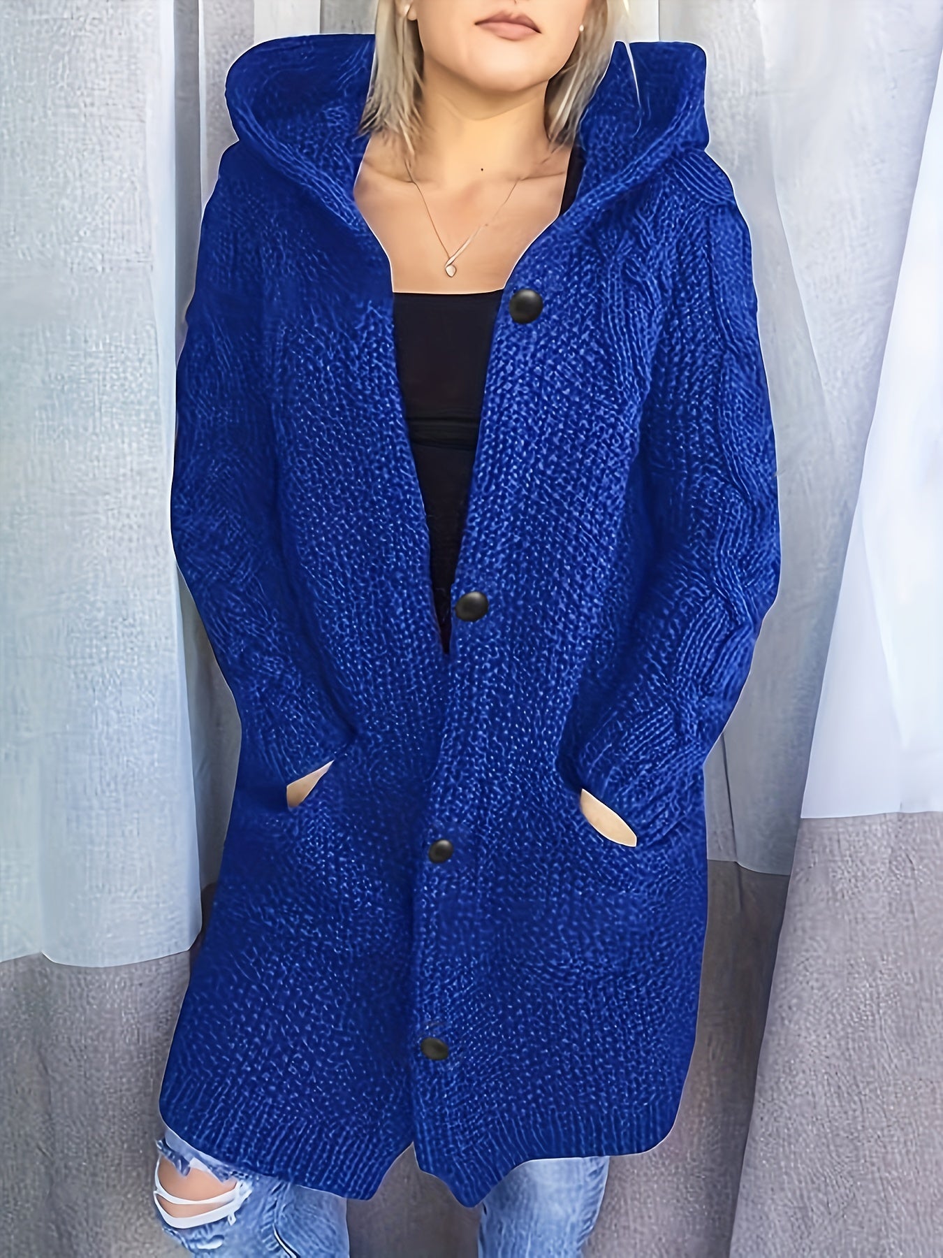 2025 gbolsos  Solid Button Front Hooded Cardigan, Casual Long Sleeve Sweater For Fall & Winter, Women's Clothing