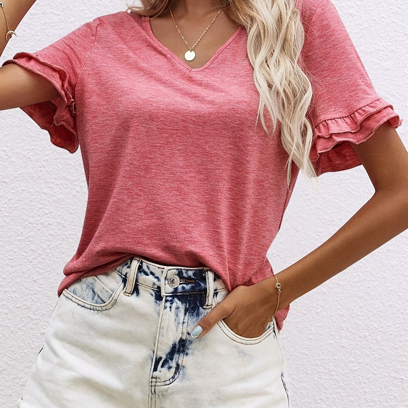 2025 gbolsos  Ruffle Hem V Neck T-Shirt, Casual Short Sleeve T-Shirt For Spring & Summer, Women's Clothing
