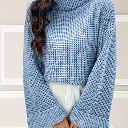 gbolsos  Solid Turtle Neck Pullover Sweater, Elegant Long Sleeve Loose Sweater For Fall & Winter, Women's Clothing