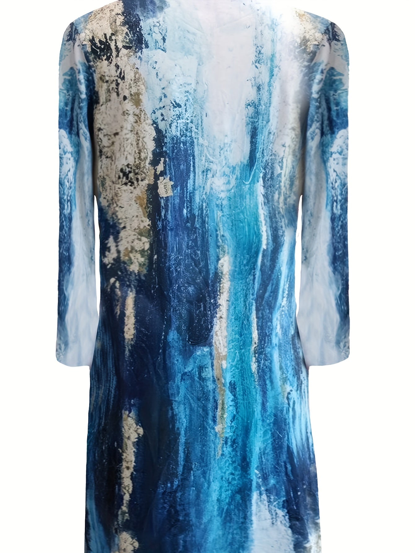 Tie Dye Print Split Dress, Vintage V Neck Long Sleeve Dress, Women's Clothing
