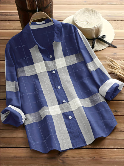 Plaid Print Shirt, Casual Button Front Long Sleeve Collar Shirt, Women's Clothing