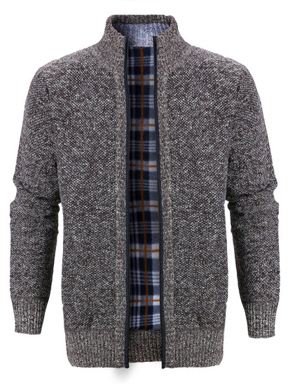 gbolsos  Warm Zip Up Jacket Sweater, Men's Casual Lapel Mid Stretch Slant Pocket Solid Color Cardigan For Fall Winter