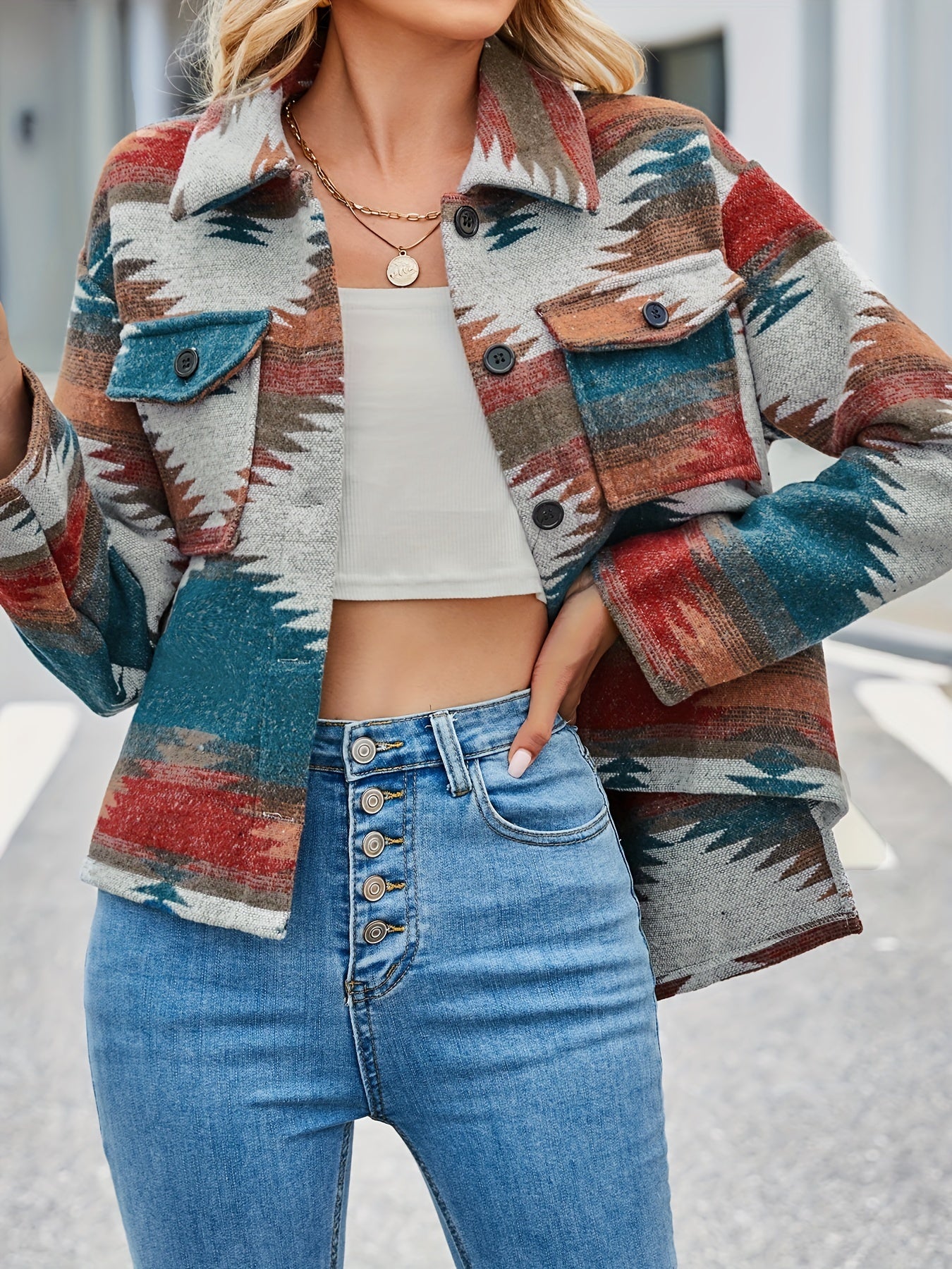 gbolsos  Aztec Pattern Button Up Jacket, Vintage Long Sleeve Pockets Spring & Fall Outerwear, Women's Clothing