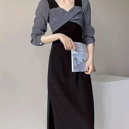 gbolsos  Faux Twinset Twist Front Dress, Chic Long Sleeve A-line Dress For Spring & Fall, Women's Clothing