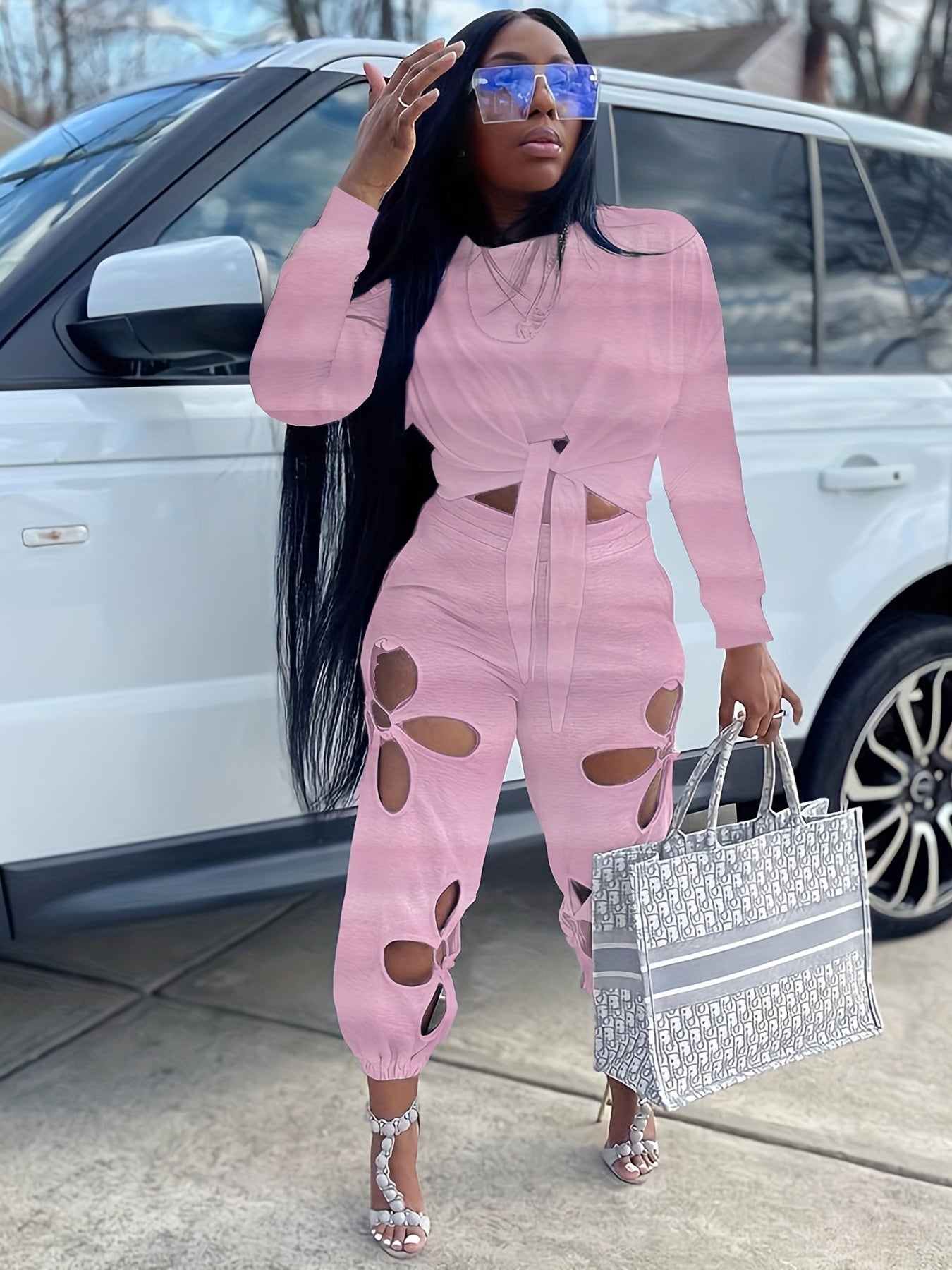 gbolsos  Solid Sexy Two-piece Set, Knotted Long Sleeve Tops & Cut Out Long Length Pants Outfits, Women's Clothing