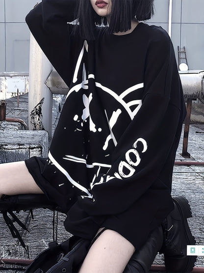 Graffiti Print Crew Neck T-Shirt, Casual Loose Long Sleeve Top For Spring & Fall, Women's Clothing