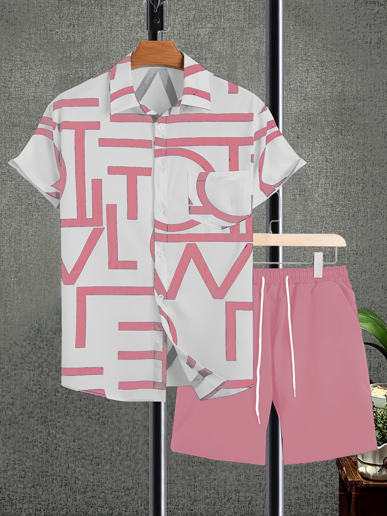 gbolsos  2pcs, Letter Print Everywhere Men's Summer Short Sleeve Button Up Shirt And Shorts Set