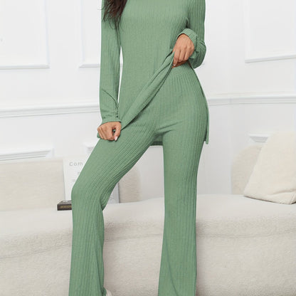 gbolsos  Solid Textured Two-piece Set, Long Sleeve Slit Long Length Top & Skinny Pants Outfits, Women's Clothing