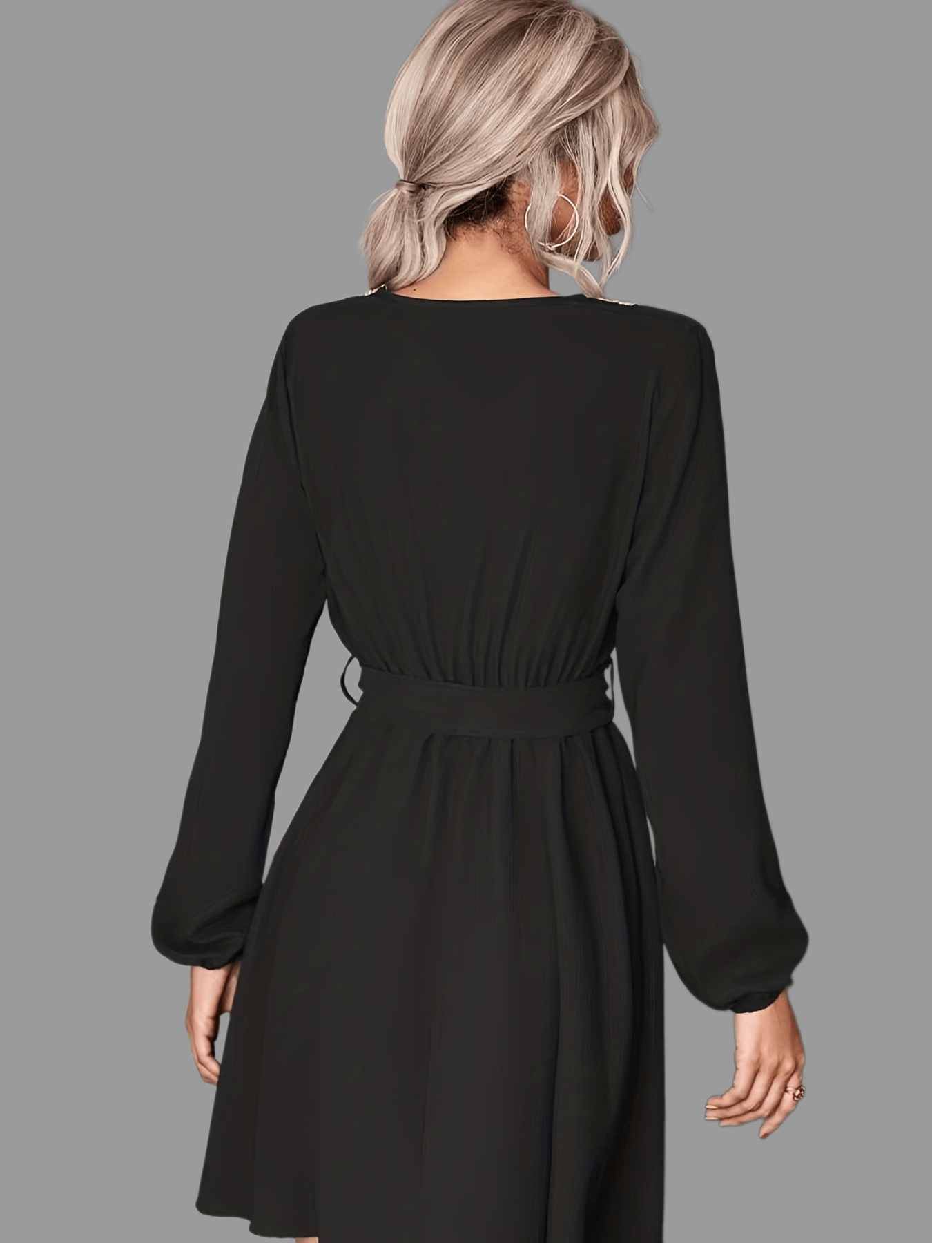 gbolsos  Solid V Neck Belted Dress, Casual Long Sleeve Dress For Spring & Summer, Women's Clothing