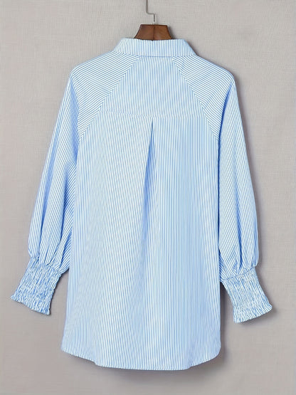 Striped Print Shirred Shirt, Casual Button Front Long Sleeve Shirt, Women's Clothing