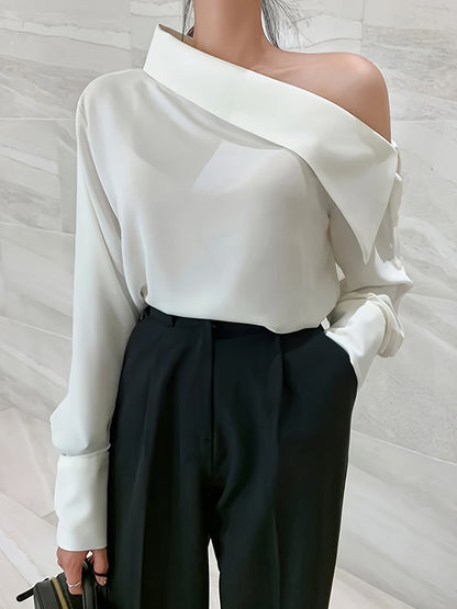 gbolsos  Solid Color Asymmetrical Cold Shoulder Blouse, Vintage Long Sleeve Blouse For Every Day, Women's Clothing