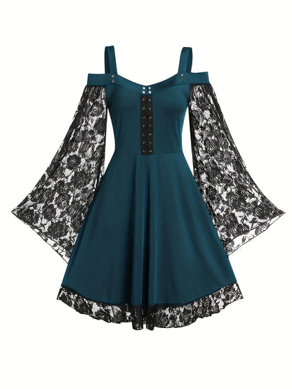 Solid Contrast Lace Dress, Gothic Drawstring Solid Mini Dress, Women's Clothing