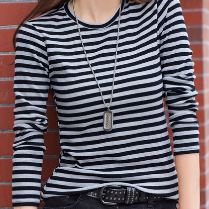 gbolsos  Striped Print Crew Neck T-Shirt, Casual Long Sleeve T-Shirt For Spring & Fall, Women's Clothing
