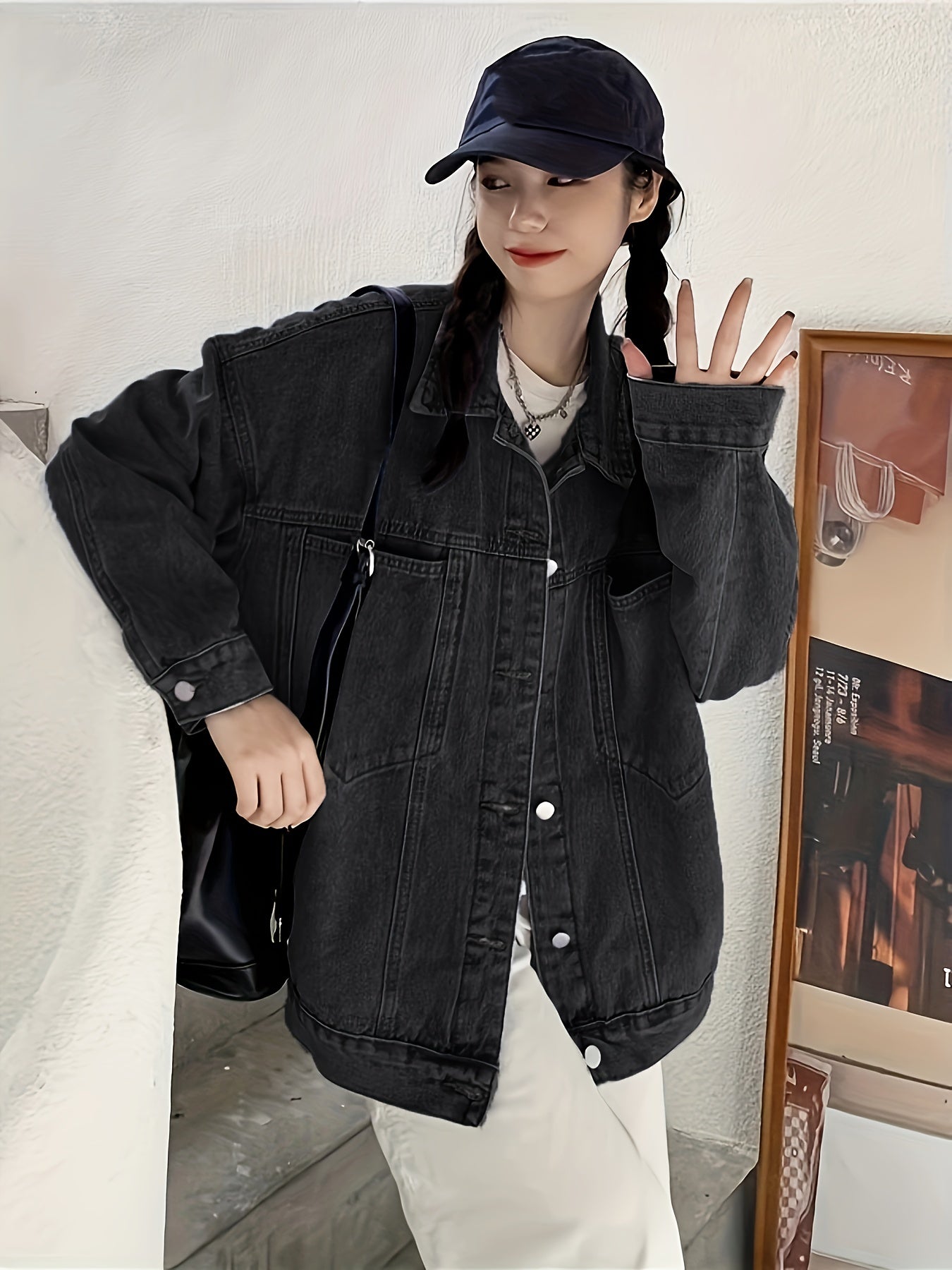 gbolsos  Plain Loose Fit Denim Jackets, Patch Pockets Long Sleeves Lapel Versatile Denim Coats, Women's Denim Clothing