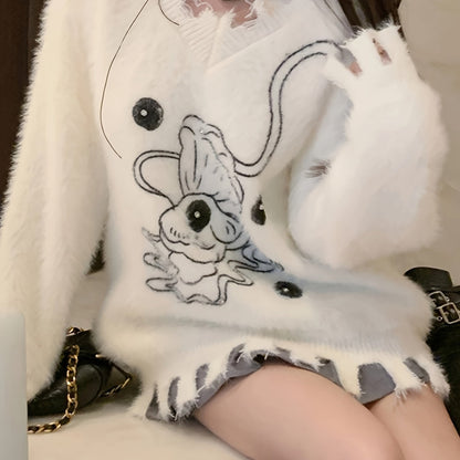 gbolsos  Graphic Pattern Ripped Pullover Sweater, Vintage Long Sleeve Loose Sweater, Women's Clothing