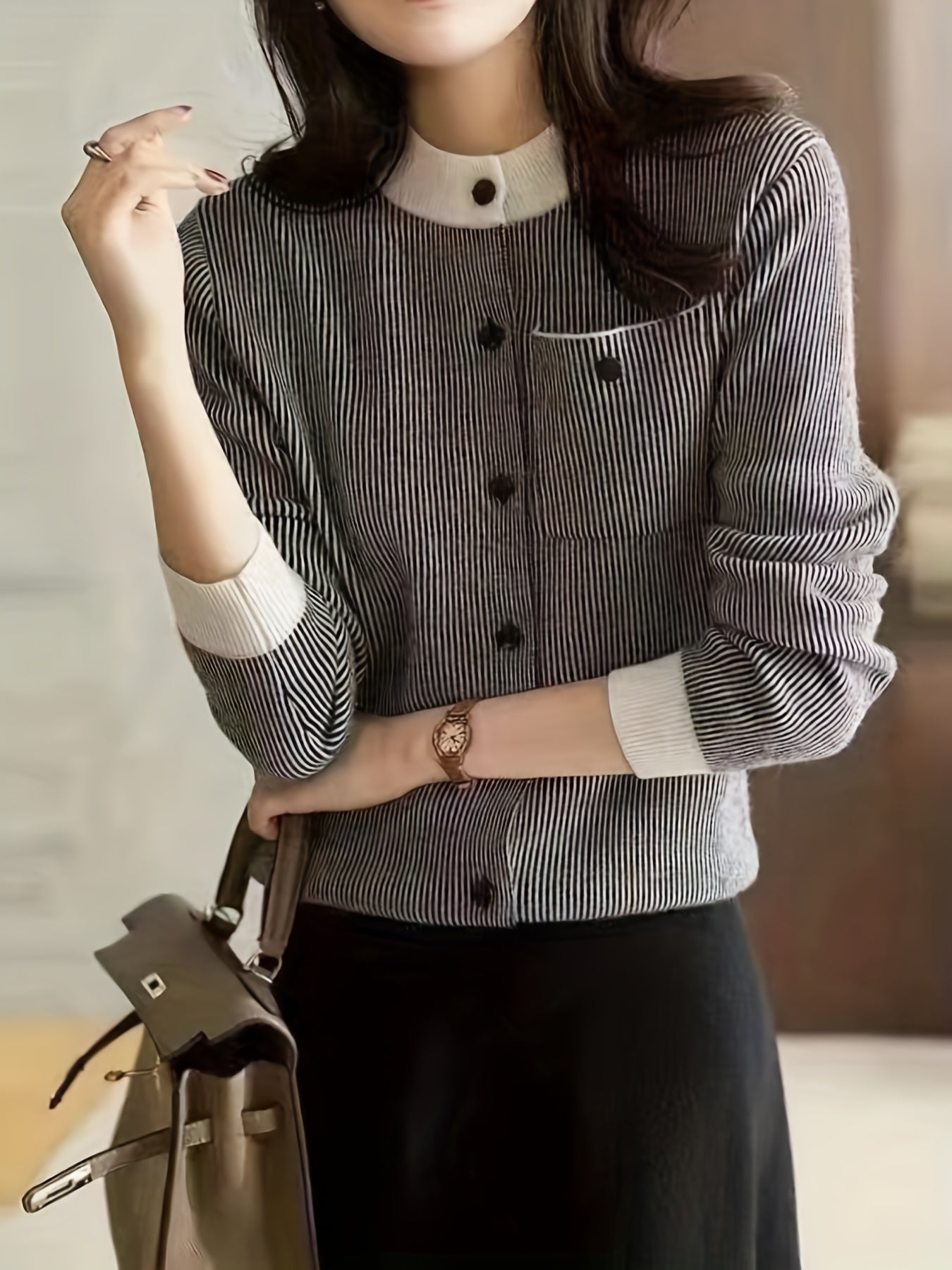 gbolsos Striped Button Up Knit Cardigan, Vintage Long Sleeve Crew Neck Sweater With Pocket, Women's Clothing