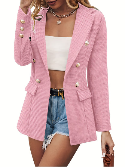 gbolsos  Lapel Double Breasted Blazer, Elegant Long Sleeve Work Office Outerwear With Pockets, Women's Clothing