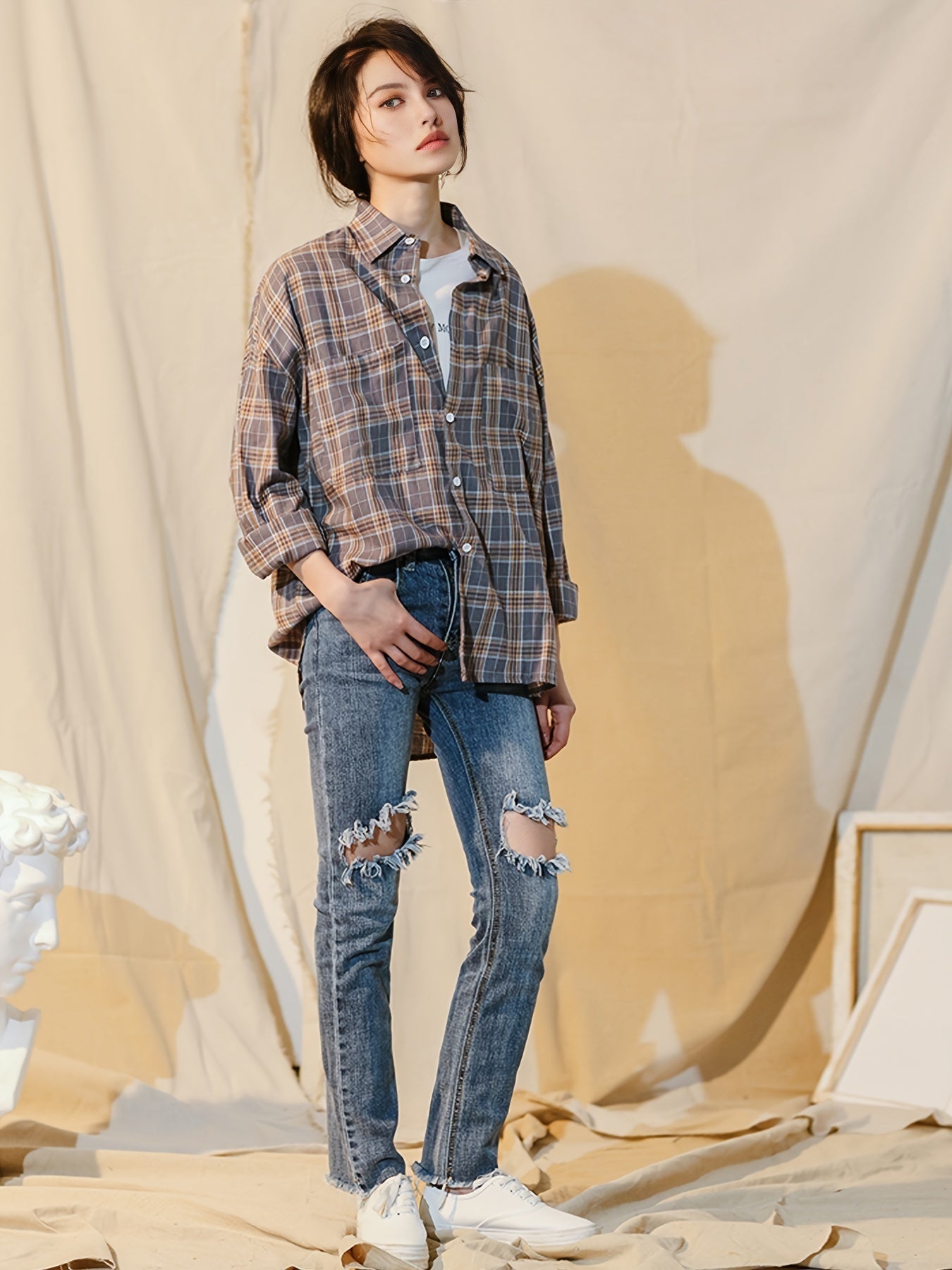 gbolsos  Plaid Drop Shoulder Shirt, Casual Patched Pocket Loose Shirt For Spring & Fall, Women's Clothing