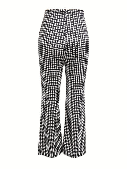 gbolsos  Houndstooth Straight Leg Pants, Elegant Stretchy Button High Waist Pants, Women's Clothing