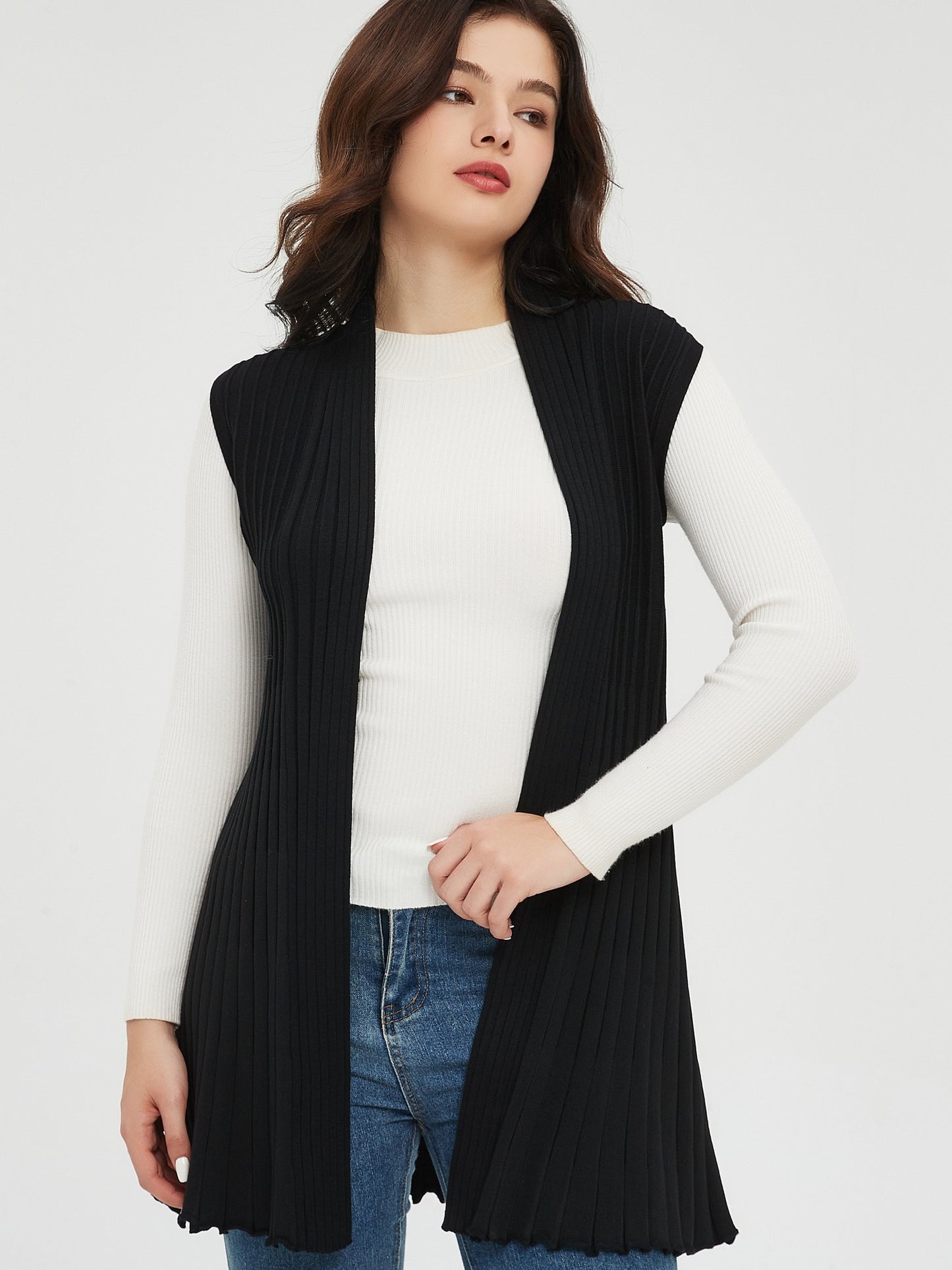 gbolsos Solid Open Front Knit Cardigan, Casual Sleeveless Pleated Sweater, Women's Clothing
