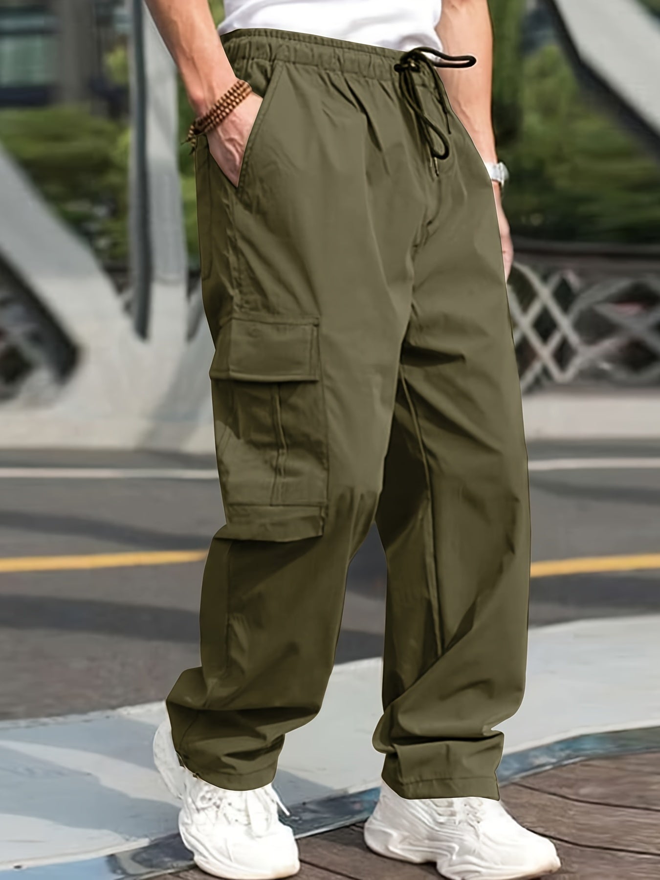 gbolsos  Trendy Solid Cargo Pants, Men's Multi Flap Pocket Trousers, Loose Casual Outdoor Baggy Pants, Men's Work Pants Outdoors Streetwear Hip Hop Style