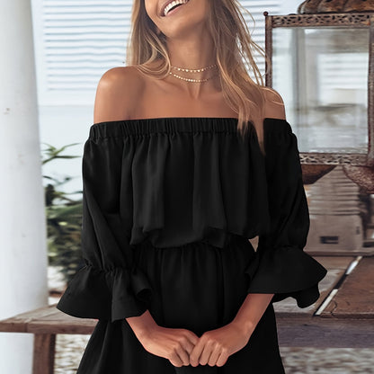 gbolsos  Solid Off Shoulder Lantern Sleeve Dress, Casual Summer Pleated Mini Dress, Women's Clothing
