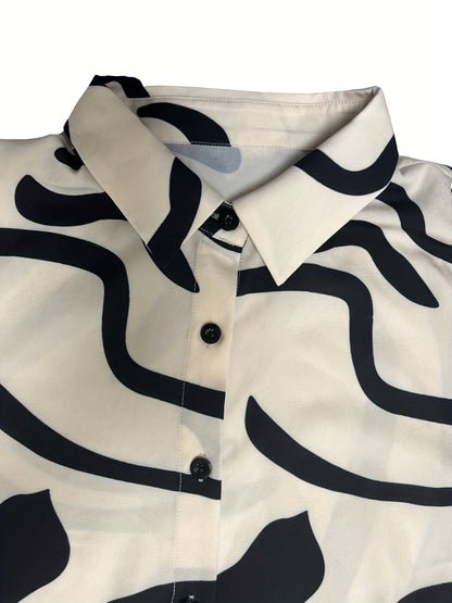 gbolsos  Abstract Print Casual Two-piece Set, Button Front Long Sleeve Tops & Bag Hip Skirts Outfits, Women's Clothing