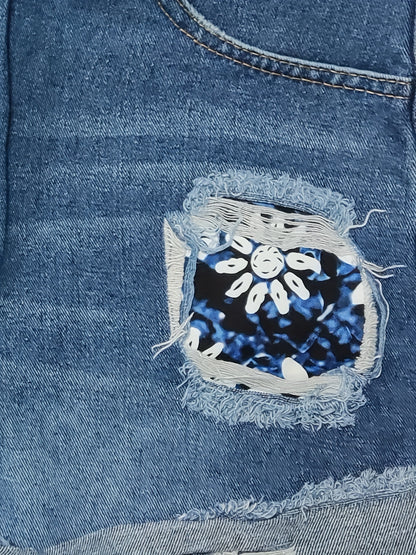 gbolsosBlue Rolled Hem Denim Shorts, Slim Fit Ripped Floral Print Slash Pockets Short Denim Pants, Women's Denim Jeans & Clothing