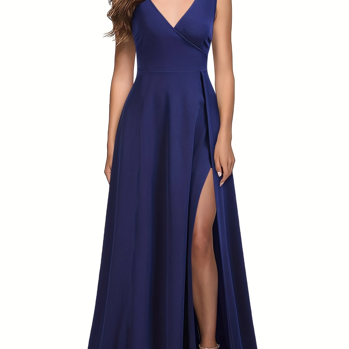 gbolsos  Solid Sleeveless Split Hem Tank Dress, Elegant V Neck Cinched Waist A-line Dress, Women's Clothing