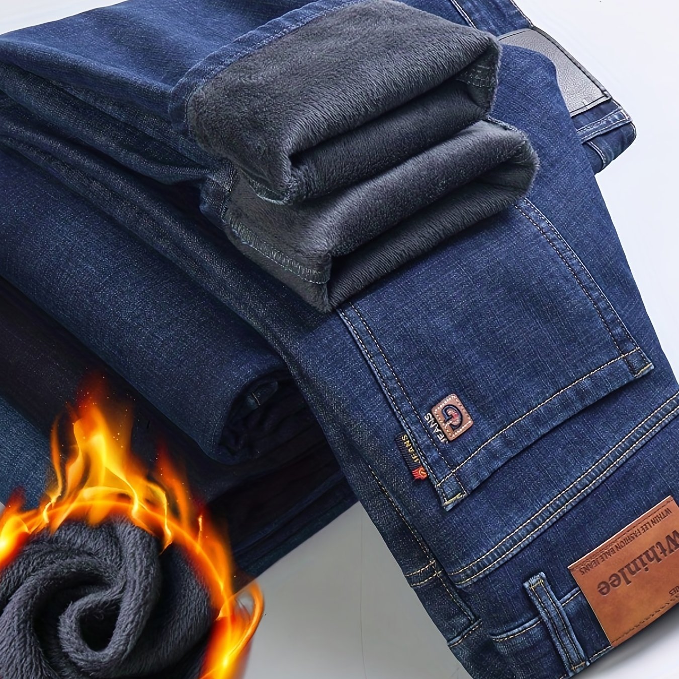 gbolsos  Warm Fleece Straight Leg Jeans For Business, Men's Casual Stretch Thick Denim Pants For Fall Winter
