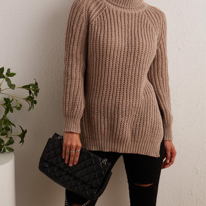 gbolsos  Solid Turtleneck Oversized Sweater, Long Sleeve Side Slit Casual Sweater, Women's Clothing