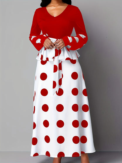 gbolsos  Color Block Polka Dot V Neck Long Sleeve Dress, Elegant High Tie Waist Flared Maxi Dress, Women's Clothing