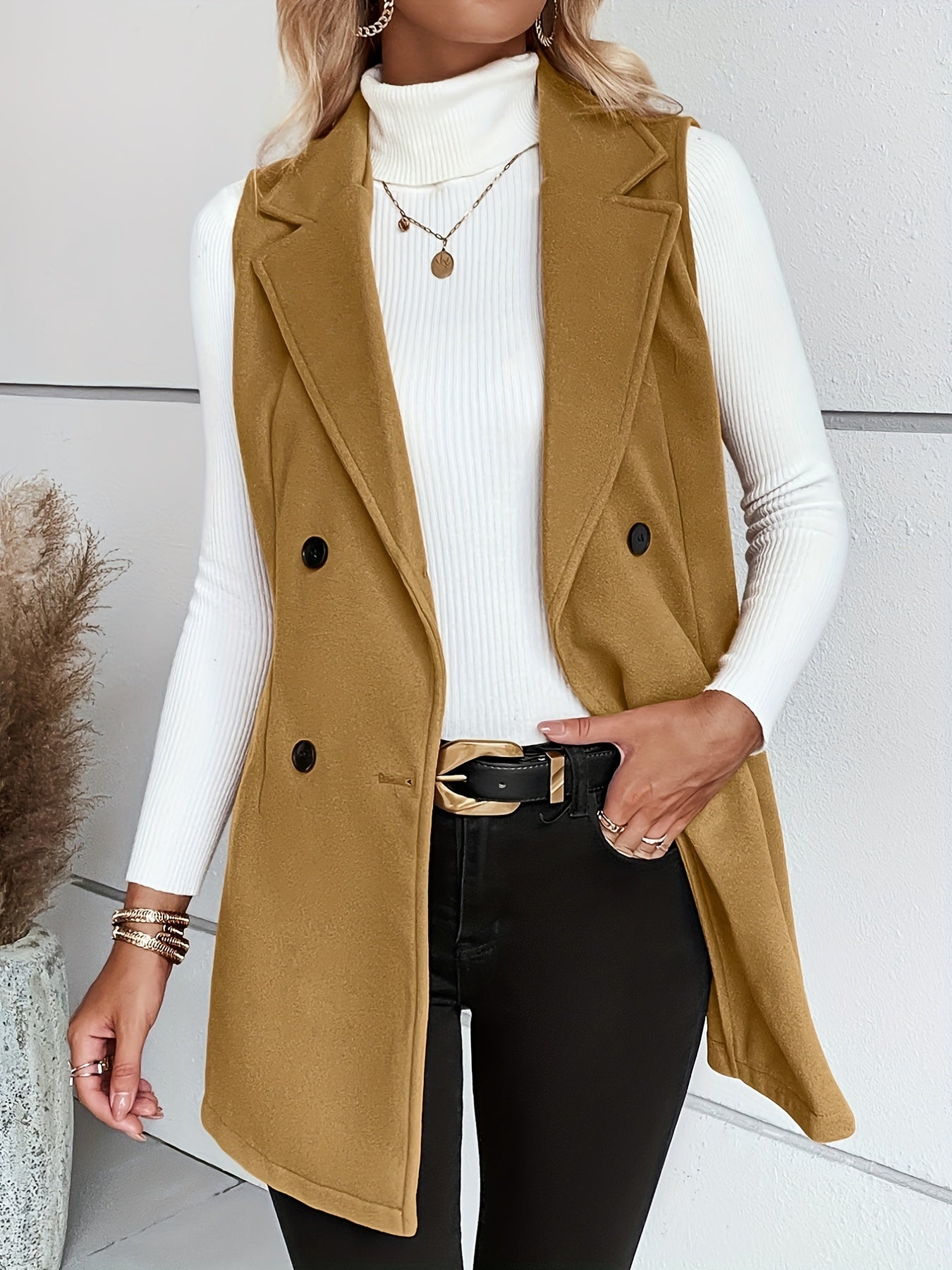 elveswallet  Dual Breasted Front Lapel Vest Jacket, Elegant Sleeveless Outwear For Fall & Winter, Women's Clothing