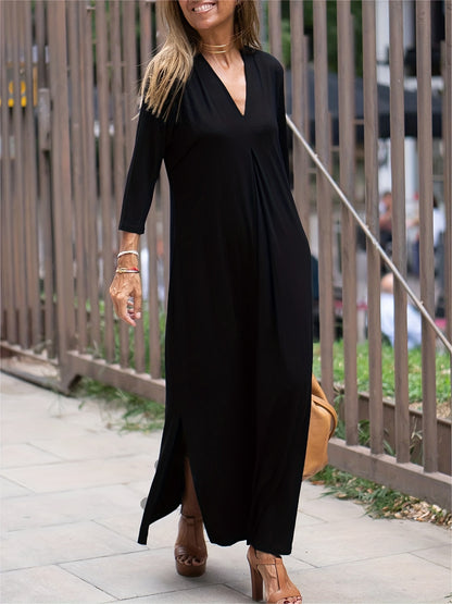 gbolsos  Plus Size Casual Dress, Women's Plus Solid Long Sleeve V Neck Split Hem Maxi Dress