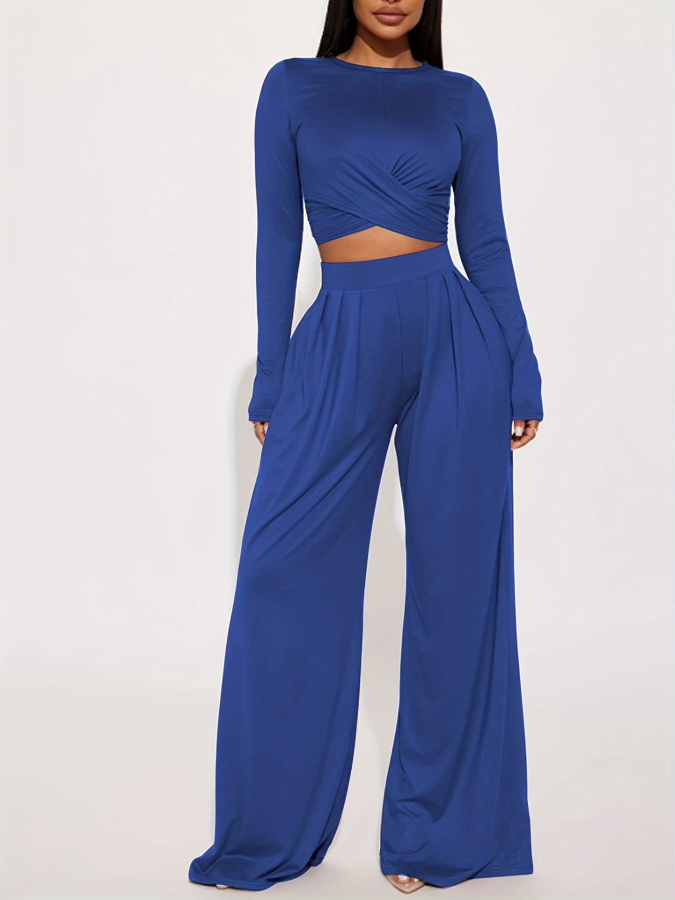 gbolsos  Casual Solid Two-piece Set, Twist Front Tied Crop Top & Wide Leg Pants Outfits, Women's Clothing