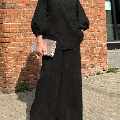 Solid Casual Two-piece Set, V Neck Lantern Sleeve Tops & Wide Leg Pants Outfits, Women's Clothing