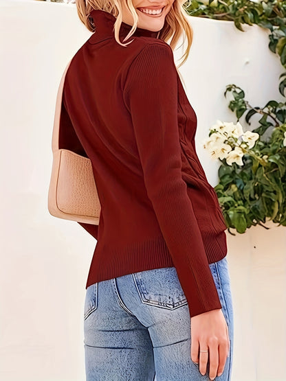 gbolsos  Solid Turtle Neck Chunky Knit Sweater, Casual Long Sleeve Sweater For Fall & Winter, Women's Clothing